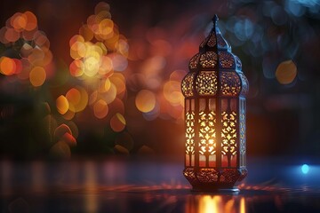 Intricate gold Arabic lantern with ornate patterns, glowing in the dark, Ramadan celebration background, 3D illustration