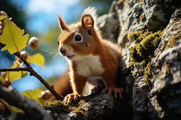 Canvas Print - Agile squirrel climbing tree on sunny day., generative IA