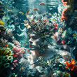 Merman in a coral reef with corals and fish. 