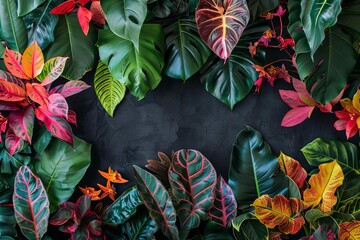 Wall Mural - Lush tropical plants create striking contrast against black wall background, vibrant nature abstract photo