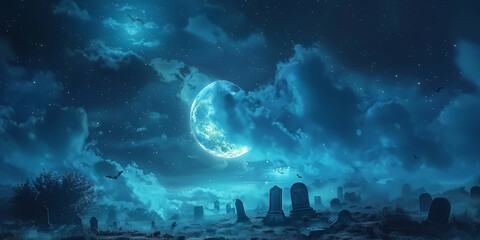 Wall Mural - A spooky graveyard at night with tombstones, fog, and ominous moonlight in shades of blue green background, Spooky Cemetery With Moon  halloween,scarry night horror, banner	
