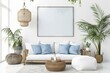 Minimalist Japandi living room with white and blue tones, rattan furniture and frame mockup, digital rendering