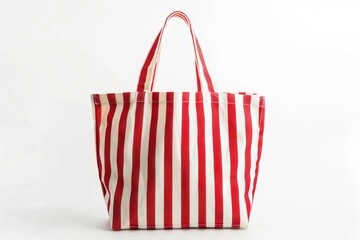 Red and white striped canvas tote bag isolated on white background, reusable shopping bag