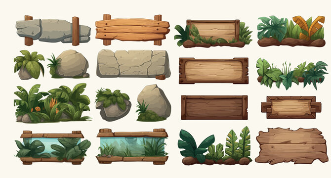 Collection of Detailed Vector Illustrations of Wooden Signboards, Rocks, and Tropical Plants for Game Design or Landscape