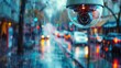 Urban Vigilance Illustrate the security camera positioned at a strategic vantage point, its gaze sweeping over the wet urban street lined with parked cars and storefronts