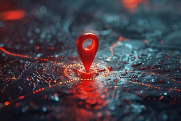 Shiny red location pin marking delivery coordinates on digital map, 3D render illustration