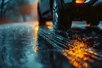 Closeup of car tires on wet road in daylight emphasizing driving safety and potential hazards. Concept Car Safety, Wet Road Conditions, Tire Tread, Driving Precautions, Hazard Awareness