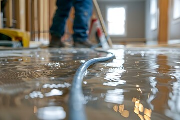 mopping up flooded basement with deep water due to snowmelt or pipe burst selective focus on cable. 