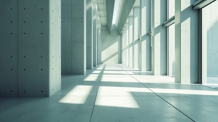 Wall Mural - Sunlight casting geometric shadows in a spacious, empty concrete hallway.