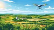 A picturesque illustration of a drone surveilling the vibrant, patterned fields of a rural farm under the clear blue sky.