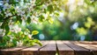 spring background with wooden planks, spring flowers on table, Close up an empty wooden table on nature outdoors in sunlight in garden background with Spring beautiful background