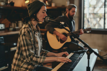 Wall Mural - a woman playing piano and white man with guitar in the background