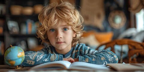 Poster - In a cozy room, a cute, focused elementary schoolgirl does homework with a pirate book.