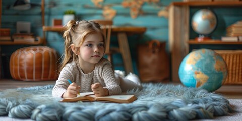 Sticker - A charming portrait of an adorable girl at home, lying on a fluffy rug with her diary.