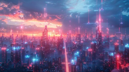 Wall Mural - A bustling, neon-lit futuristic cityscape at twilight, with secure, glowing mobile access points floating above the streets, symbolizing passwordless access in urban life.