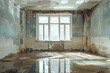 Photo of a flooded room in an abandoned house possibly due to climate change or a burst water pipe. Concept Abandoned House, Climate Change, Flooded Room, Water Damage, Environmental Crisis