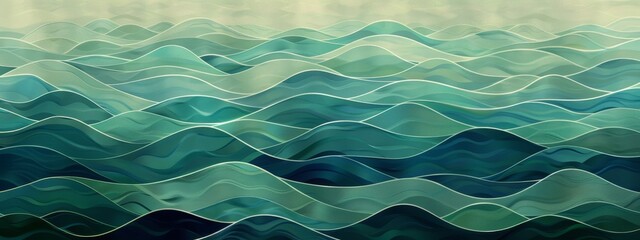 Wall Mural - A calming, geometric pattern of waves in shades of blue and green.