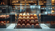 delicious chocolate candies premium class on a glass display case in confectionery boutique, banner, poster