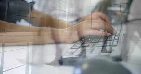 Poster - Image of walking people over woman using computer