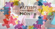 Image of colourful puzzle pieces and autism text over kids friends using electronic devices