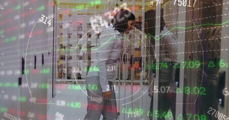 Poster - Stock market data processing over stressed caucasian female engineer at server room