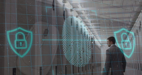 Poster - Biometric fingerprint scanner and security padlock icon over caucasian male engineer in server room