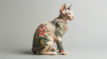 Hairless Sphynx Cat Hipster With Tattoos On Its Body Sitting On Grey Background. Copy Space. Tattoo Salon, Trendy Hipster Poster, Creative Greeting Card, Calendar. Tattooing Fashion