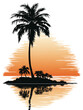 Beautiful panoramic beach with black silhouettes of palm trees on orange sky background. Abstract tropical palm island for banner or travel poster, retro style landscape wallpaper.
