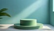 a sophisticated digital rendering featuring an abstract minimal scene with a round green podium positioned against a soft sky blue wall background. Experiment with lighting and shadow to add depth and