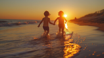 children running toward the water at a beach at dusk.