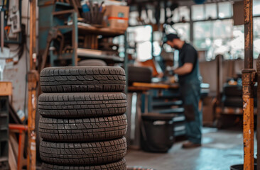 Wall Mural - Car tires are on the background of the workshop where the mechanic works