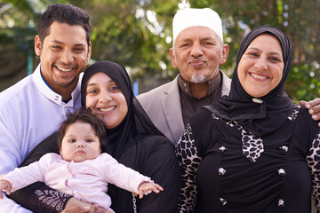 Islamic, family and man with woman , portrait and outdoor with baby, grandparents and smile in park. Adult, mother and father of child in garden for growth and development of kid or toddler and girl