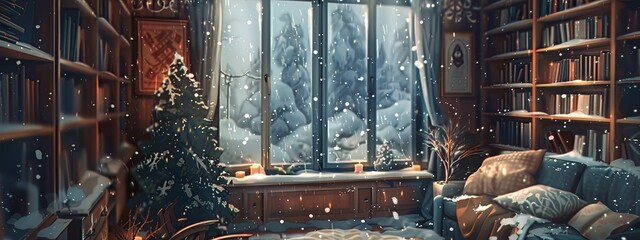 Wall Mural - A cozy reading nook by a large window during a gentle snowfall.