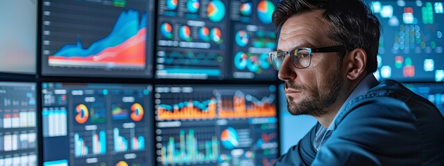 Poster - A cybersecurity expert analyzing outcome-driven metrics on multiple monitors, with focus areas for adding explanatory text.