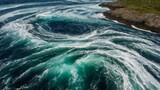Fototapeta  - Witness the mesmerizing meeting of river and sea waves during high and low tides, creating whirlpools in the maelstrom of Saltstraumen, Nordland, Norway.