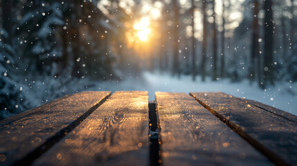 Wall Mural - The empty wooden table top with blur background of winter in Finland. Exuberant image.