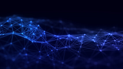Poster - Abstract blue technology wave with dots and lines. Flow of particles. Big data transfer visualization. 3d rendering.