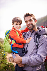 Sticker - Father, child and hiking portrait with smile, backpack and travel with happy and support in nature. Kid, adventure and mountain with love, trust and bonding with family and journey for holiday