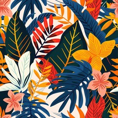  Exotic hibiscus leaves and flowers in seamless pattern. Ideal for fabrics, wallpapers and fashion interiors. Vibrant jungle print. Tropical foliage modern botanical graphic