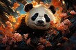 Panda rests on art scene with natural elements and abstraction., generative IA
