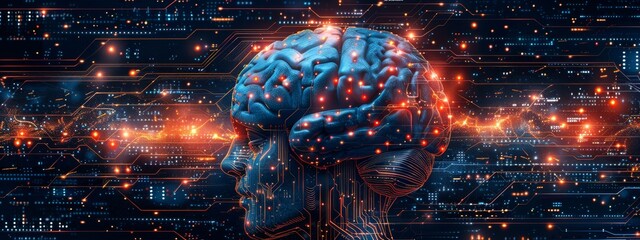 Poster - A detailed illustration of a GenAI brain, circuits and data flowing, symbolizing intelligence in cybersecurity strategies.