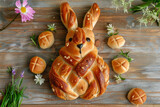 Fototapeta Tęcza - Overhead view of an easter bunny rabbit made from hot cross buns