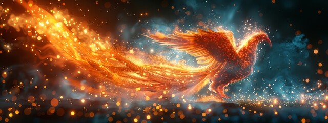 Poster - A digital phoenix rising from the ashes of a cyber attack, rejuvenated by GenAI, symbolizing resilience and renewal in cybersecurity.