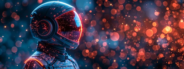 Poster - A digital warrior, armor composed of code and AI elements, standing guard over a network, illustrating proactive cybersecurity defenses.