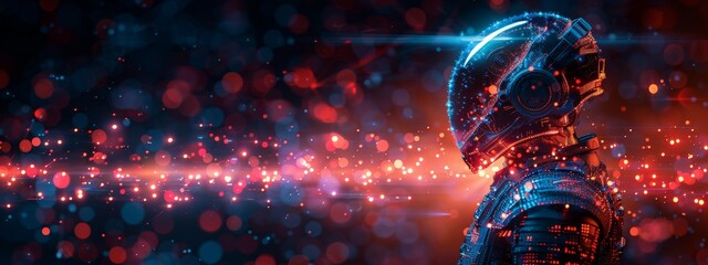 Poster - A digital warrior, armor composed of code and AI elements, standing guard over a network, illustrating proactive cybersecurity defenses.