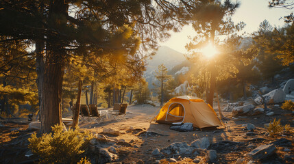 Wall Mural - beautiful mountain landscape with a tent in the background