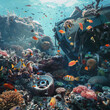 Scrap metal and plastic waste in a coral reef with corals and fish.