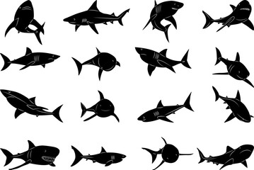 Sticker - shark set silhouette, on white background vector