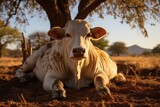 Fototapeta Do akwarium - Brahman cow relaxes in the shadow in intense heat., generative IA