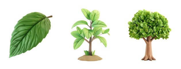 Simple 3D Cartoon Illustration of Nature’s Wonders: Growing Tree, Falling Leaf, and a Big Tree for Earth Day, Isolated on Transparent Background, PNG